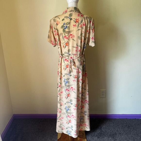 Vintage Cottagecore Floral Maxi Dress 100% Silk Button Front Tie Waist Large - Picture 4 of 8